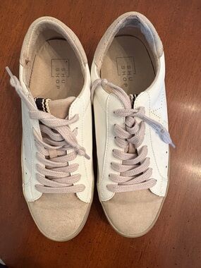 ShuShop White and Beige Lace-Up Women's Sneakers